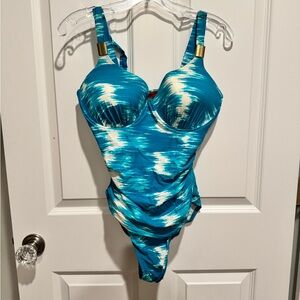 SPANX Blue and White One Piece Swimsuit